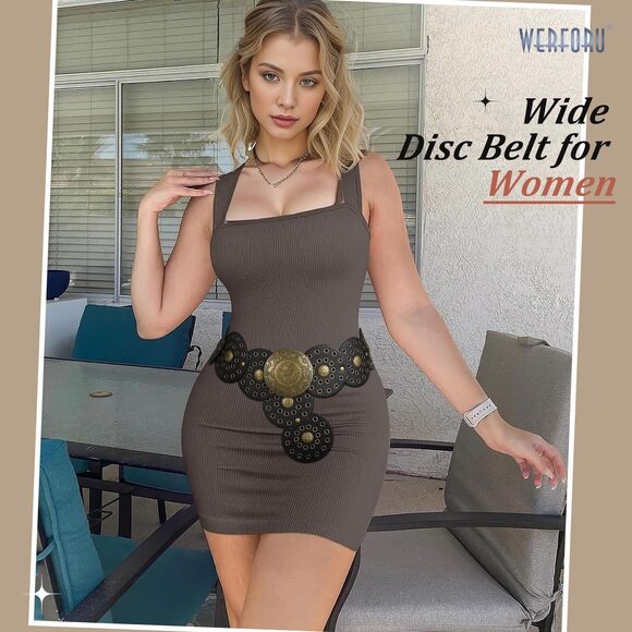 8631 Women Wide Western Disc Belt Cowgirl Boho Leather Belt For Jeans Dress - Picture 2 of 5